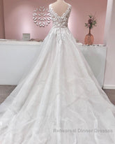 Long A-line V-neck Appliques Lace Backless Tulle Ruffles Wedding Dresses